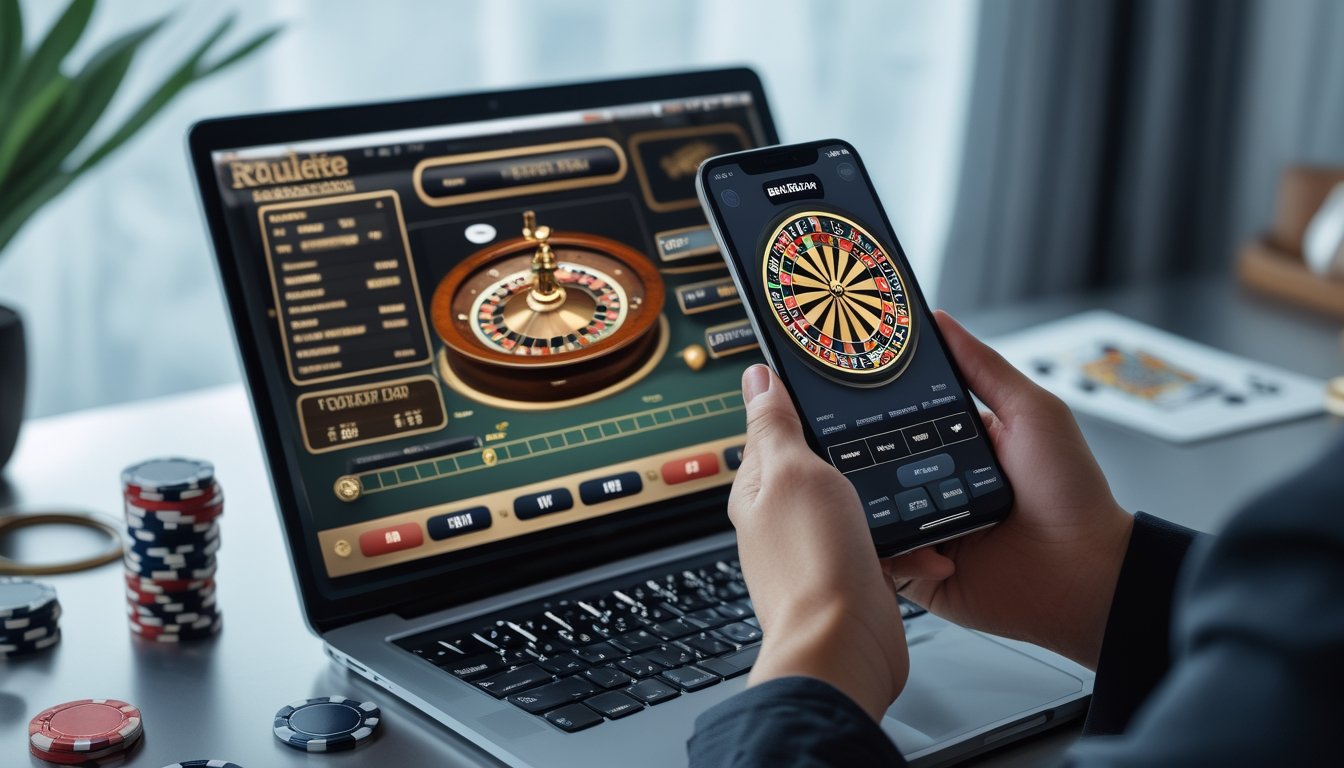 Seseorang menggunakan laptop dan ponsel untuk bermain roulette online dan melakukan deposit melalui e-wallet di meja kerja yang rapi.