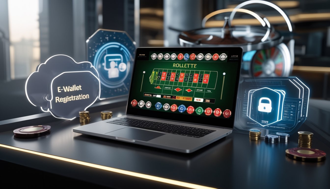 Seorang pengguna sedang mendaftar akun judi roulette online dengan laptop dan elemen digital e-wallet di meja kerja.