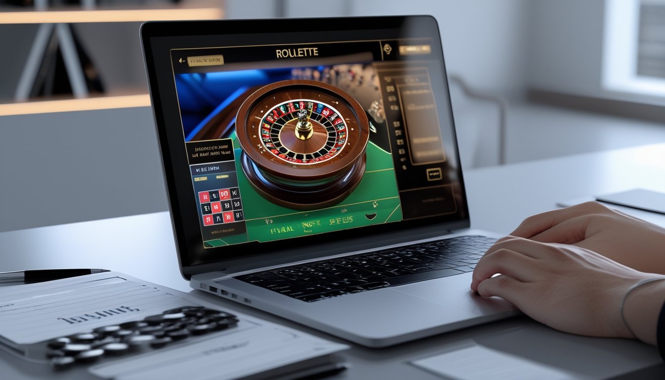 Seseorang bermain roulette online menggunakan laptop dengan chip taruhan di samping dan alat tulis di meja.