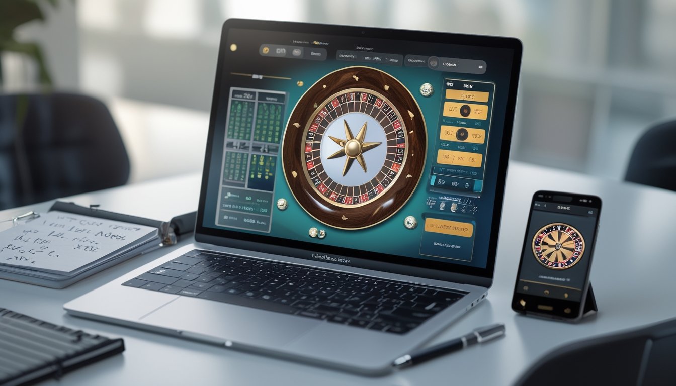 Sebuah layar komputer menampilkan permainan roulette online dengan alat tulis dan ponsel di sekitar meja.