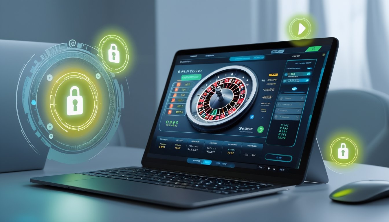 Layar komputer menampilkan permainan roulette online dengan ikon keamanan dan enkripsi di sekitarnya.
