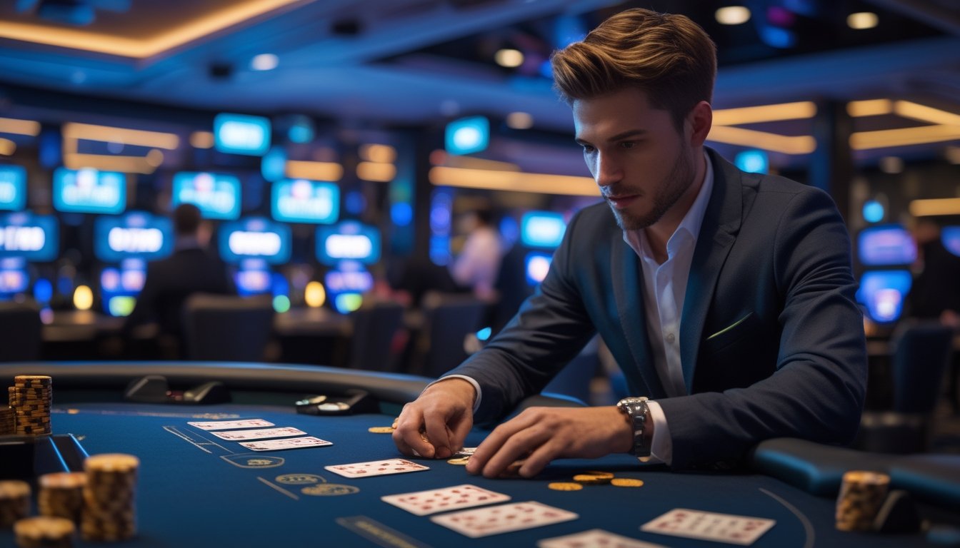 Seorang pemain fokus menghitung kartu di meja blackjack di kasino langsung dengan suasana ramai dan pencahayaan hangat.