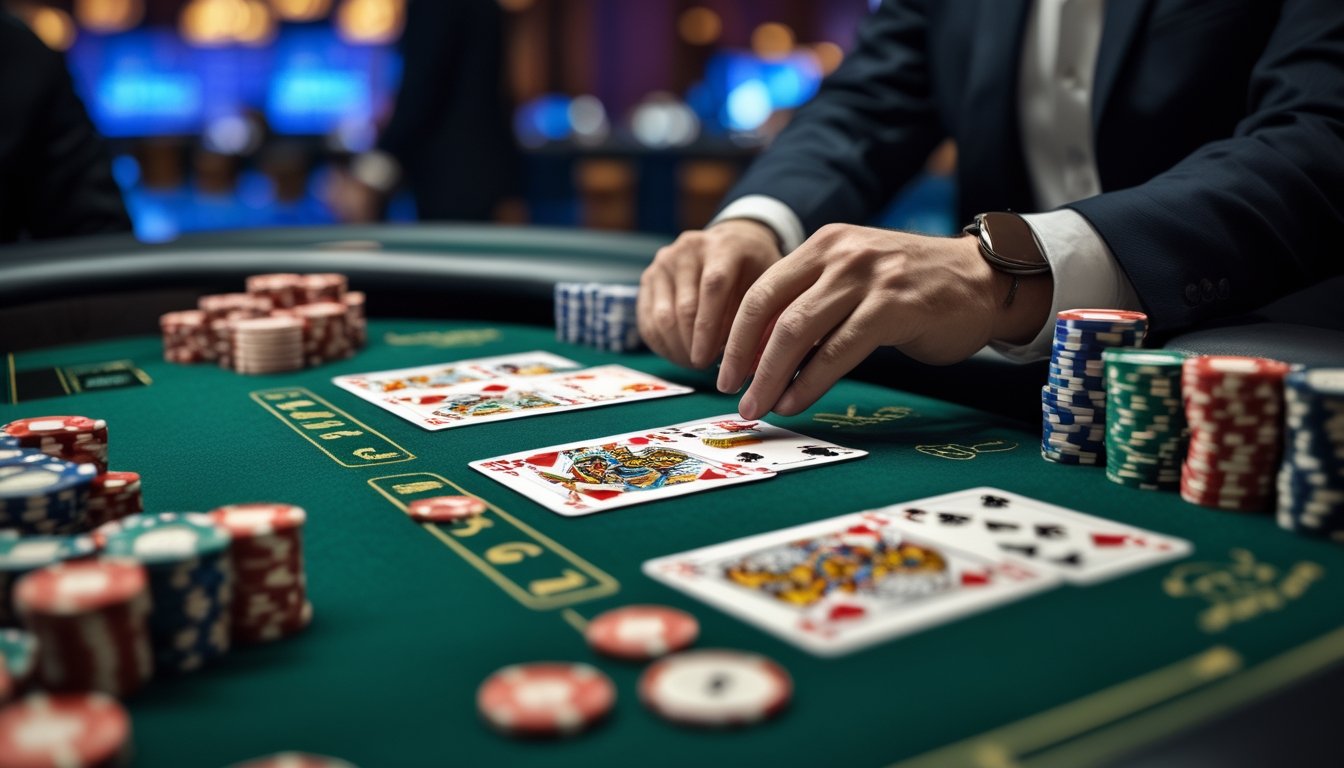 Meja blackjack di kasino dengan kartu dan chip, dealer sedang membagikan kartu.