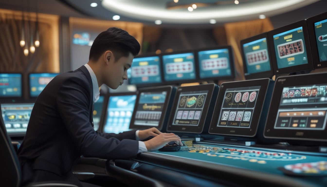 Seorang pemain kasino profesional mengelola beberapa meja permainan digital di ruangan kasino modern.