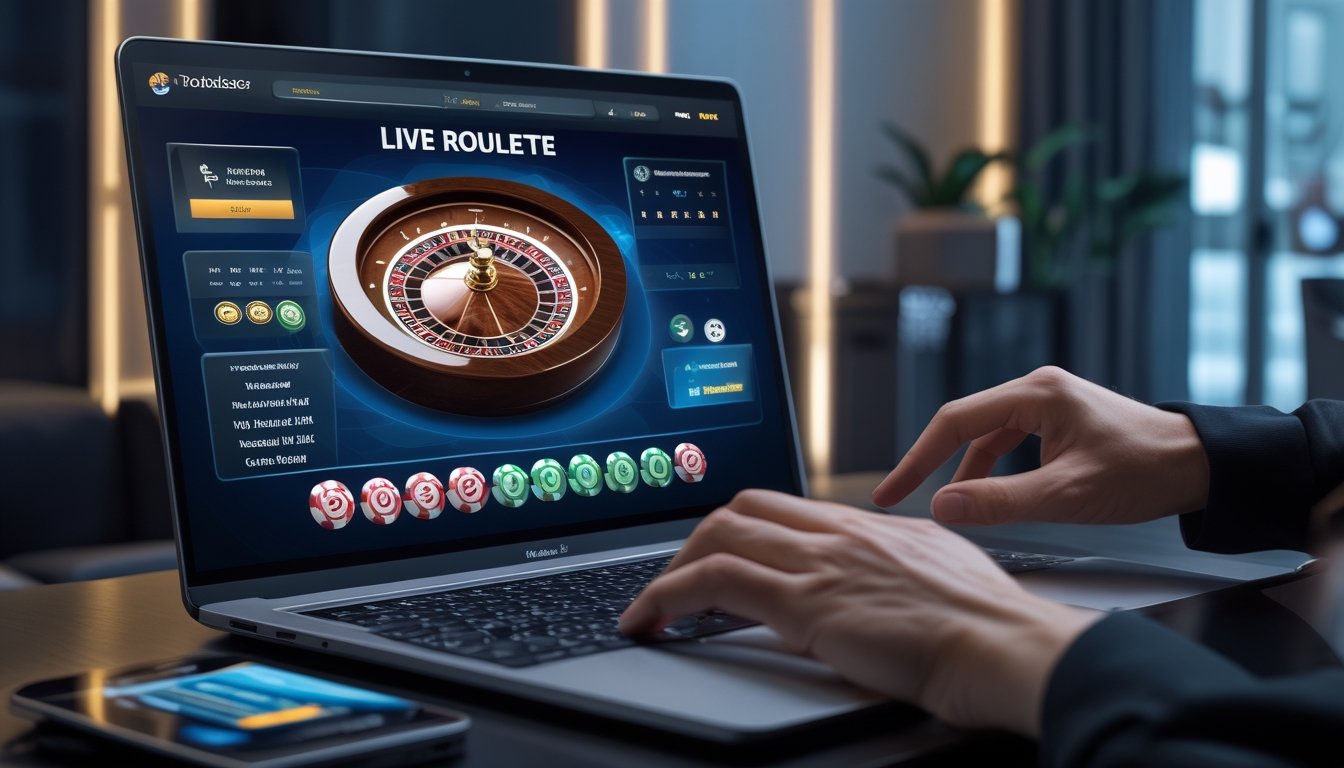 Seseorang sedang bermain roulette online di komputer dengan tampilan roda roulette digital yang berputar dan pilihan taruhan berwarna-warni di layar.