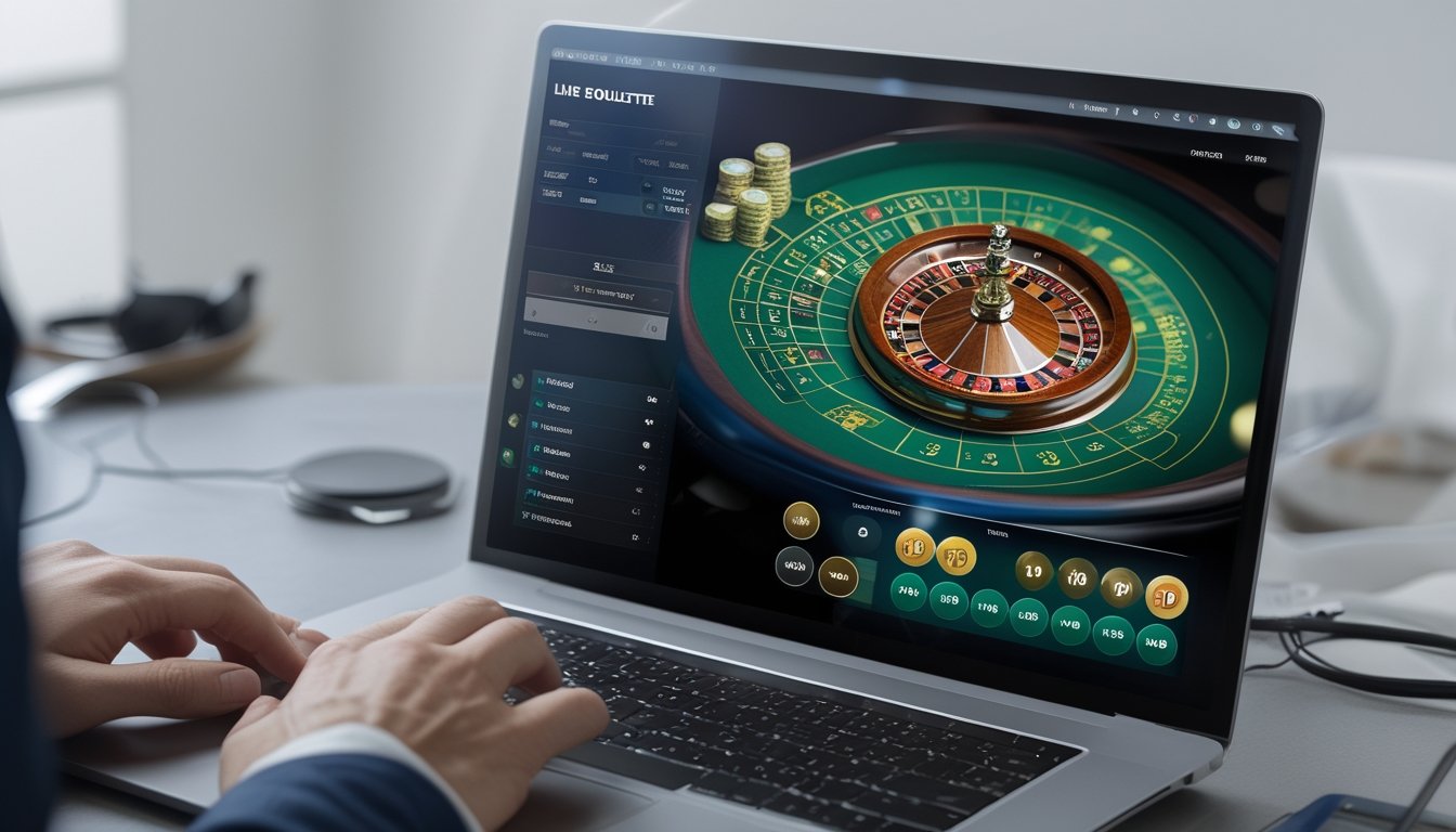 Tampilan komputer dengan permainan roulette langsung online yang sedang berjalan, menunjukkan roda roulette dan area taruhan.