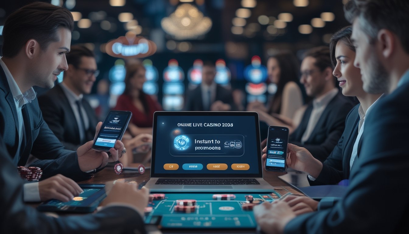 Orang-orang menggunakan perangkat digital untuk melakukan deposit e-wallet instan di situs live casino dengan latar belakang elemen kasino.