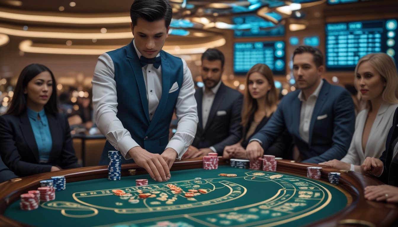Seorang dealer di meja baccarat di kasino mewah dengan pemain yang fokus memperhatikan permainan.