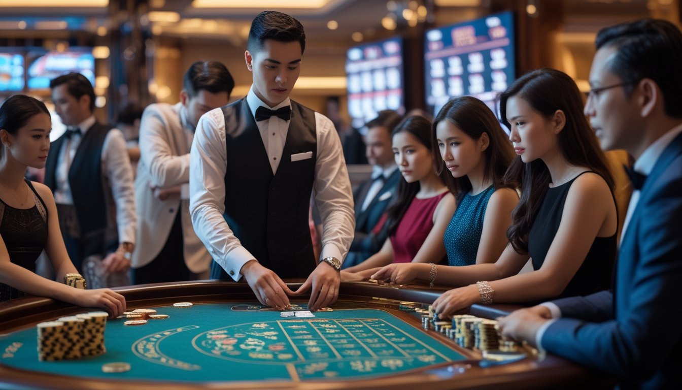 Seorang dealer dan beberapa pemain sedang fokus bermain permainan baccarat di meja kasino yang mewah.