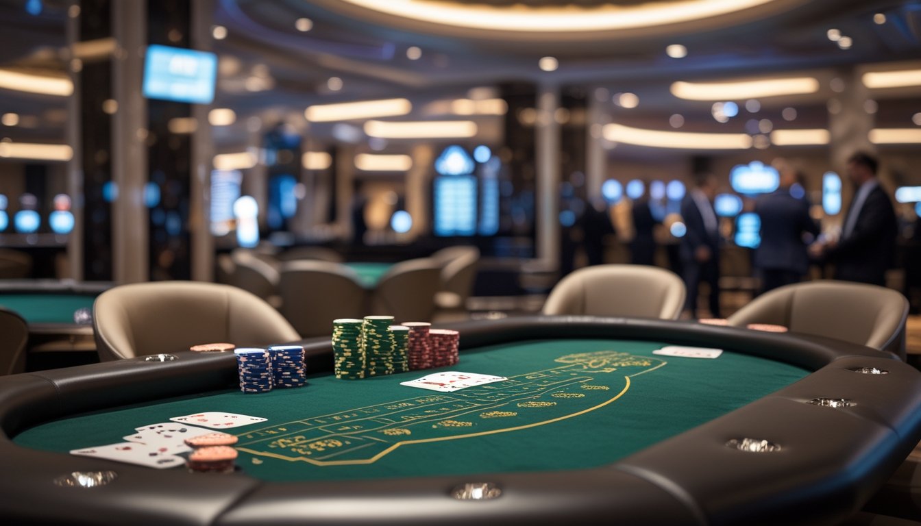 Meja taruhan high limit di kasino dengan chip poker, kartu, dan pemain di latar belakang.