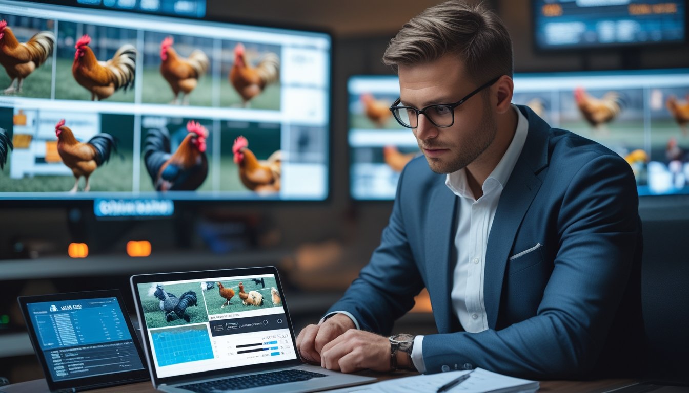 Seorang analis fokus menilai kualitas ayam petarung di depan layar yang menampilkan pertandingan sabung ayam secara langsung.