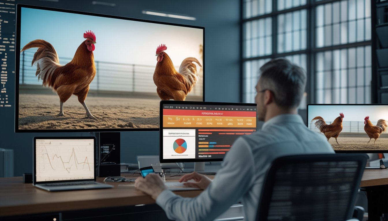 Seorang ahli sedang menganalisis kualitas ayam petarung melalui layar komputer yang menampilkan siaran langsung sabung ayam online.