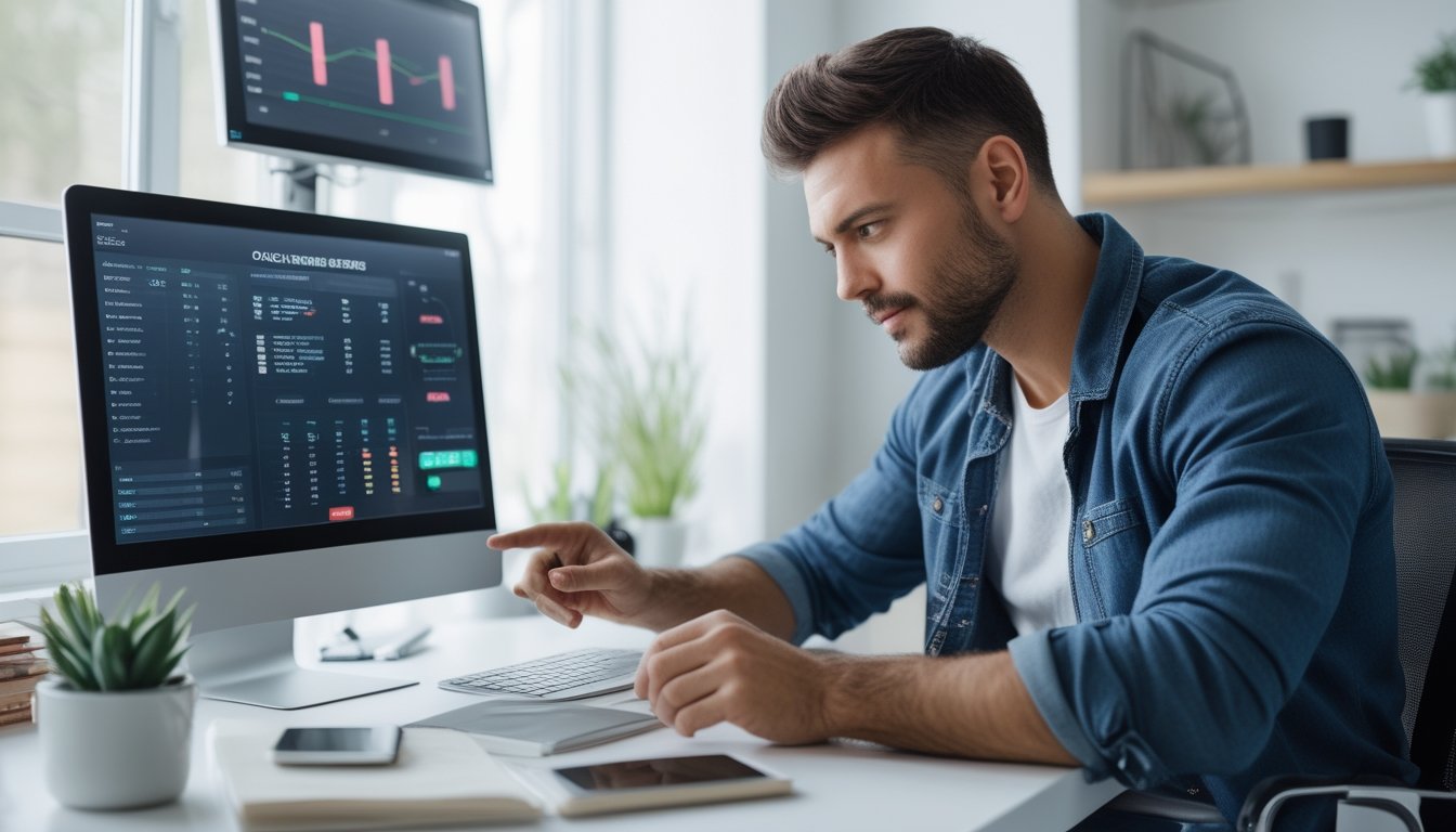 Seorang pria duduk di meja modern, fokus membaca dan menganalisis data di layar laptop di ruang kerja rumah yang terang dan rapi.