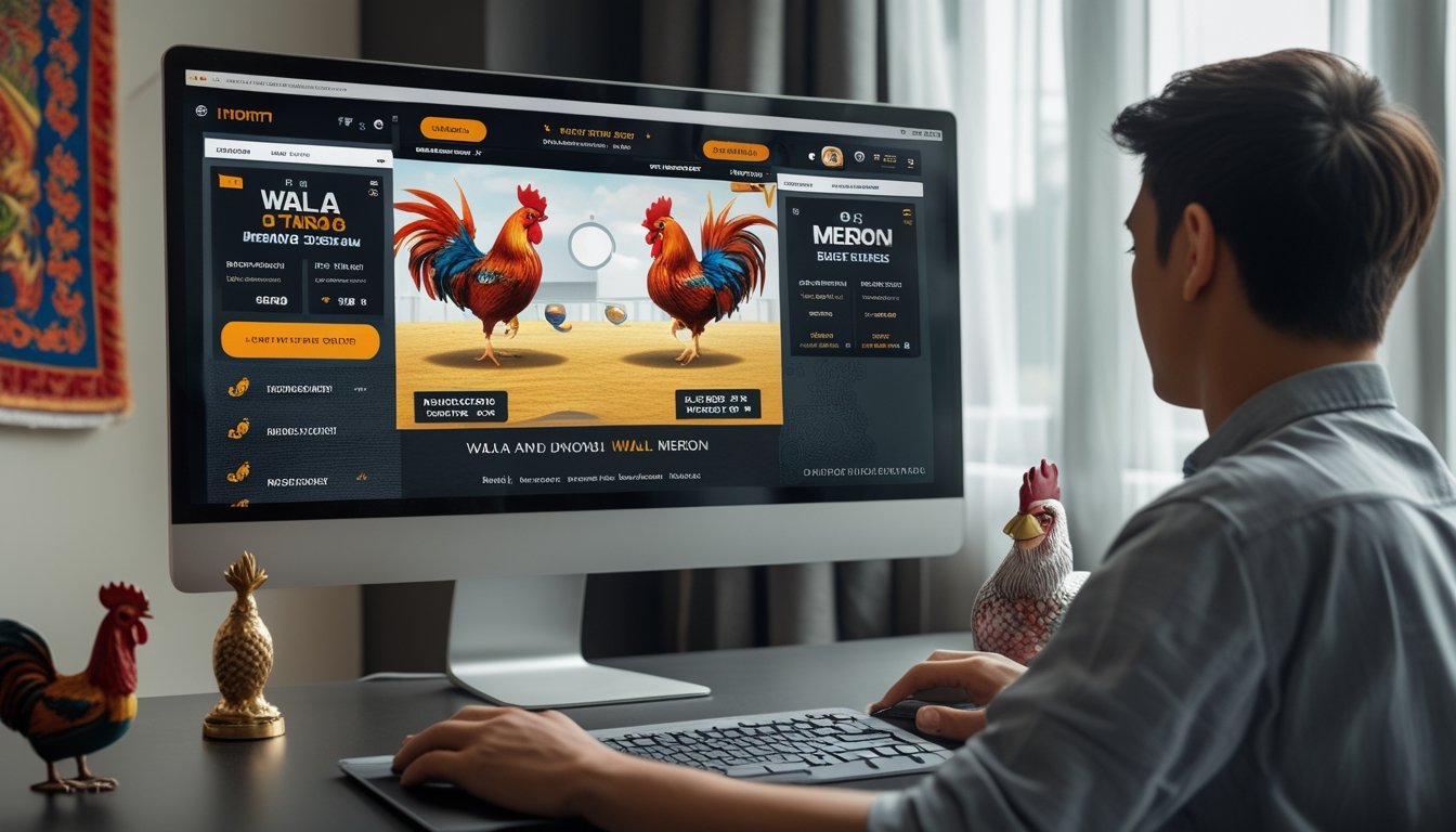 Seorang pria muda sedang menggunakan komputer dengan tampilan situs sabung ayam online yang menampilkan ayam jantan bertarung dan peluang taruhan.