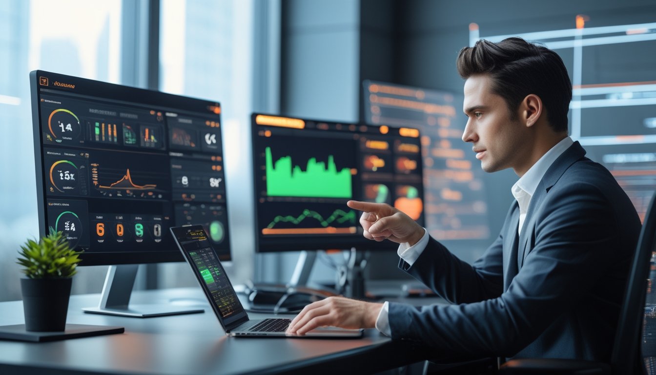 Seseorang duduk di meja kantor modern dengan beberapa layar komputer yang menampilkan grafik dan data server cepat untuk agen sabung ayam online.