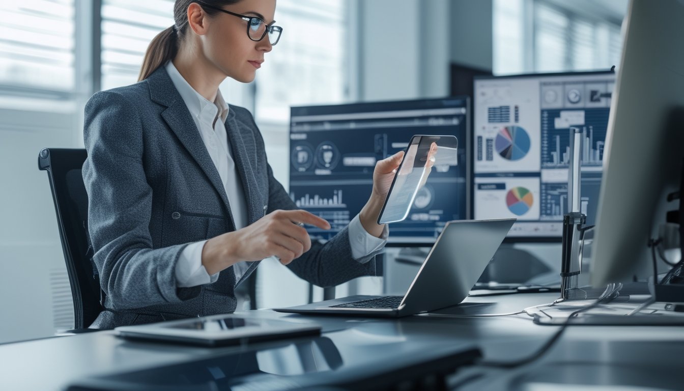 Seorang profesional sedang menganalisis data di depan beberapa layar digital di kantor modern dengan perangkat server cepat di latar belakang.