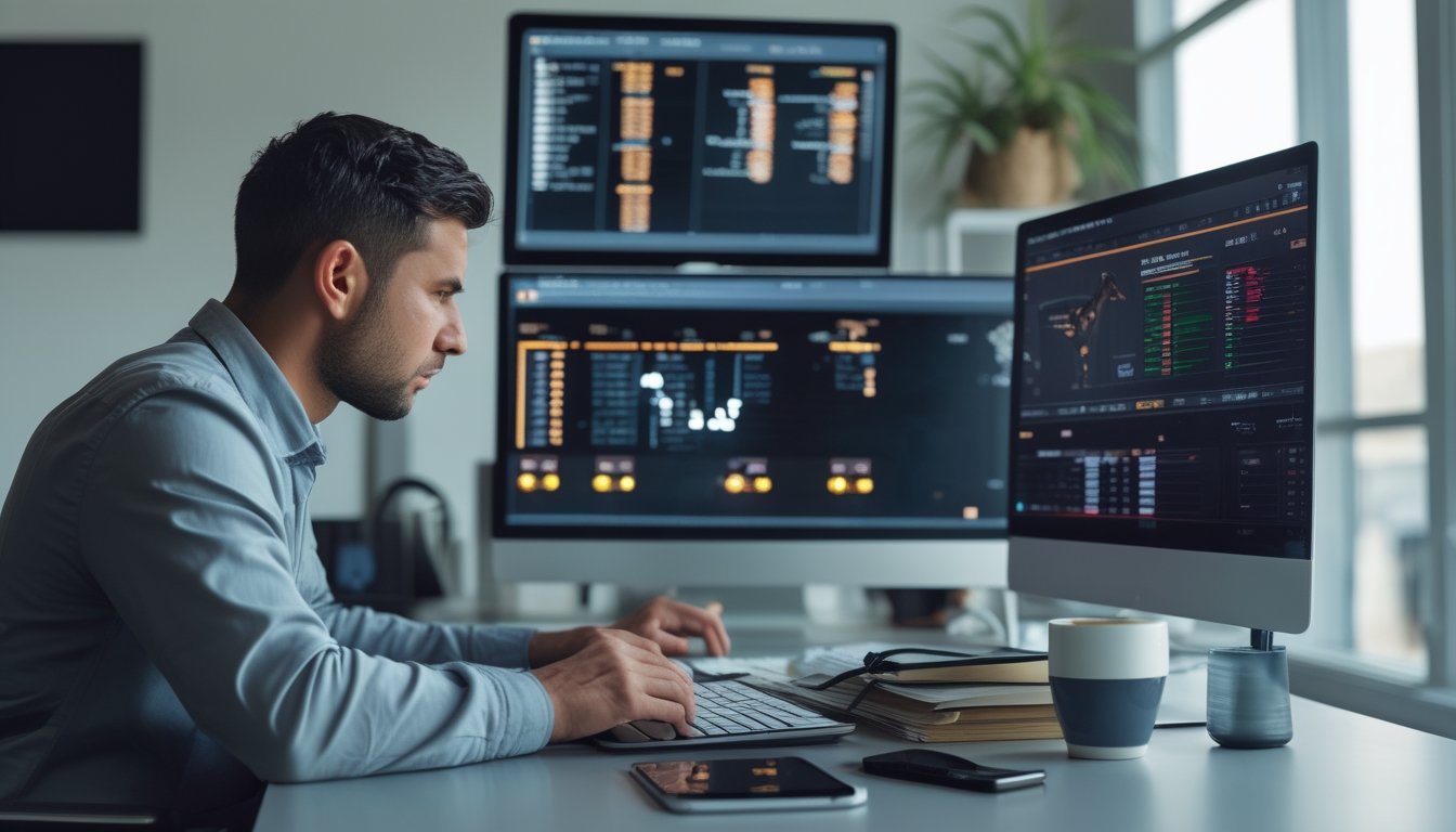 Seorang pria duduk di depan komputer dengan layar yang menampilkan statistik dan video pertandingan sabung ayam, sedang fokus menganalisis data untuk taruhan online.
