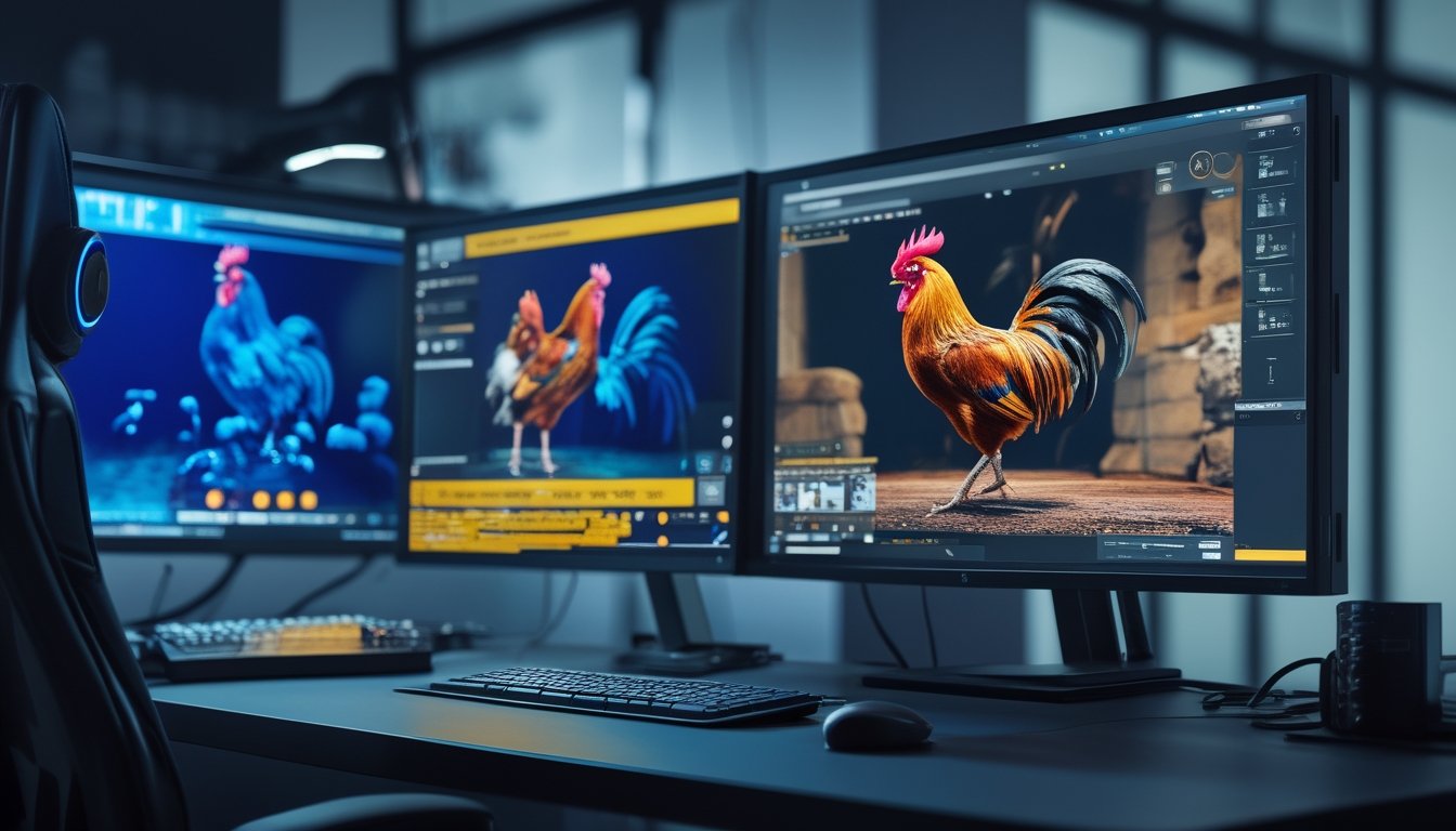 Sebuah ruang dengan komputer modern menampilkan beberapa layar yang memperlihatkan pertandingan sabung ayam secara langsung dengan gambar yang jelas dan lancar.