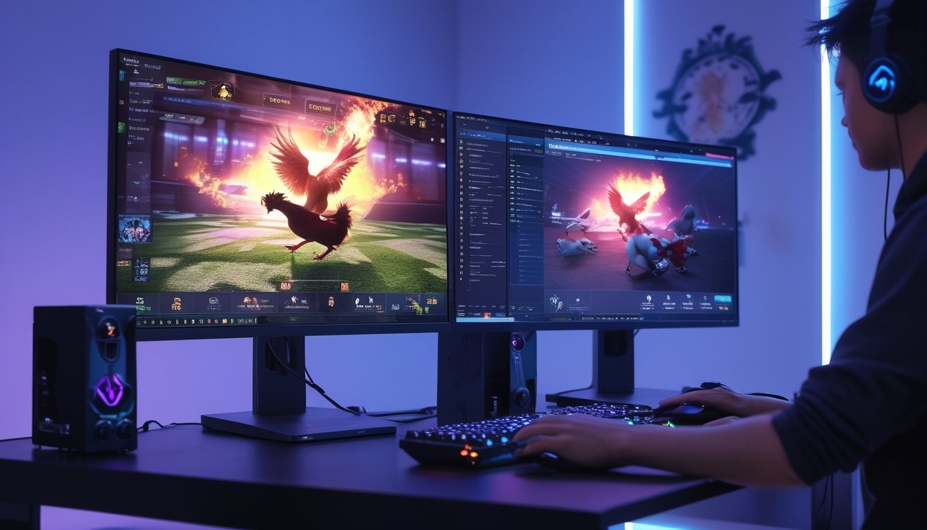 Seseorang menggunakan komputer dengan beberapa layar yang menampilkan permainan sabung ayam online secara langsung dalam kualitas tinggi tanpa gangguan.