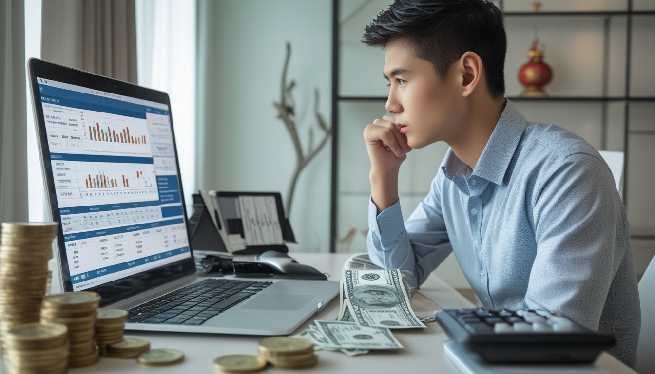 Seorang pria duduk di meja dengan laptop terbuka, dikelilingi oleh uang dan kalkulator, menunjukkan suasana pengelolaan modal taruhan online.