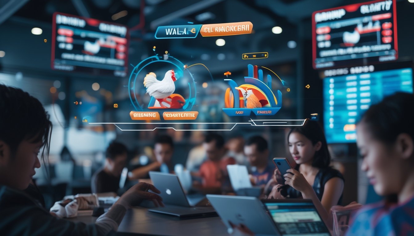 Beberapa orang fokus menggunakan ponsel dan laptop untuk memasang taruhan sabung ayam online dengan layar menampilkan grafik peluang dan pertandingan ayam aduan.