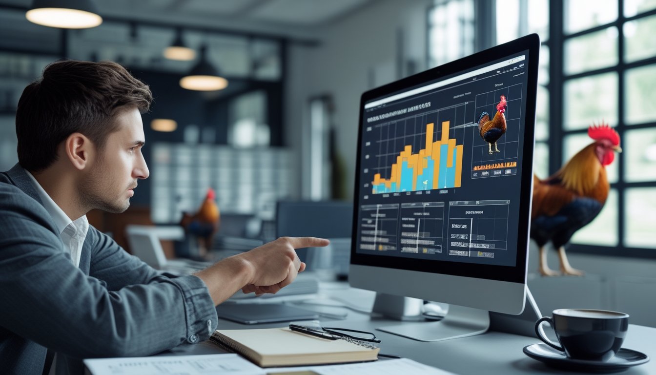 Seseorang sedang menganalisis data statistik tentang ayam aduan di depan layar digital di ruang kerja modern.