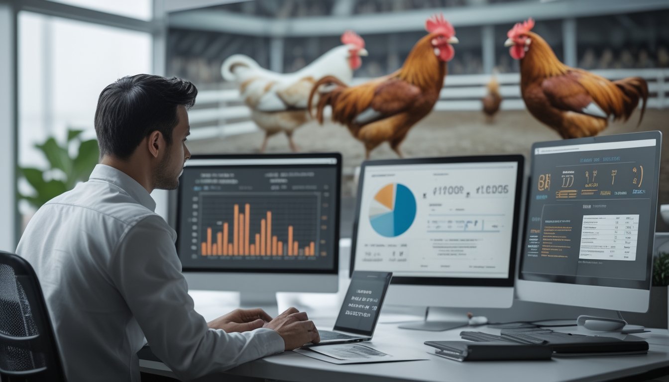 Seorang pria sedang menganalisis data statistik di depan beberapa layar digital dengan grafik dan angka tentang pemilihan ayam di sebuah kantor modern.