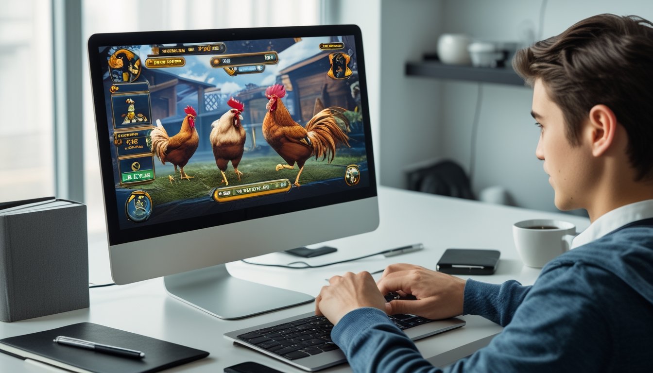 Seseorang sedang bermain permainan sabung ayam online di depan komputer di ruang kerja yang terang dan rapi.
