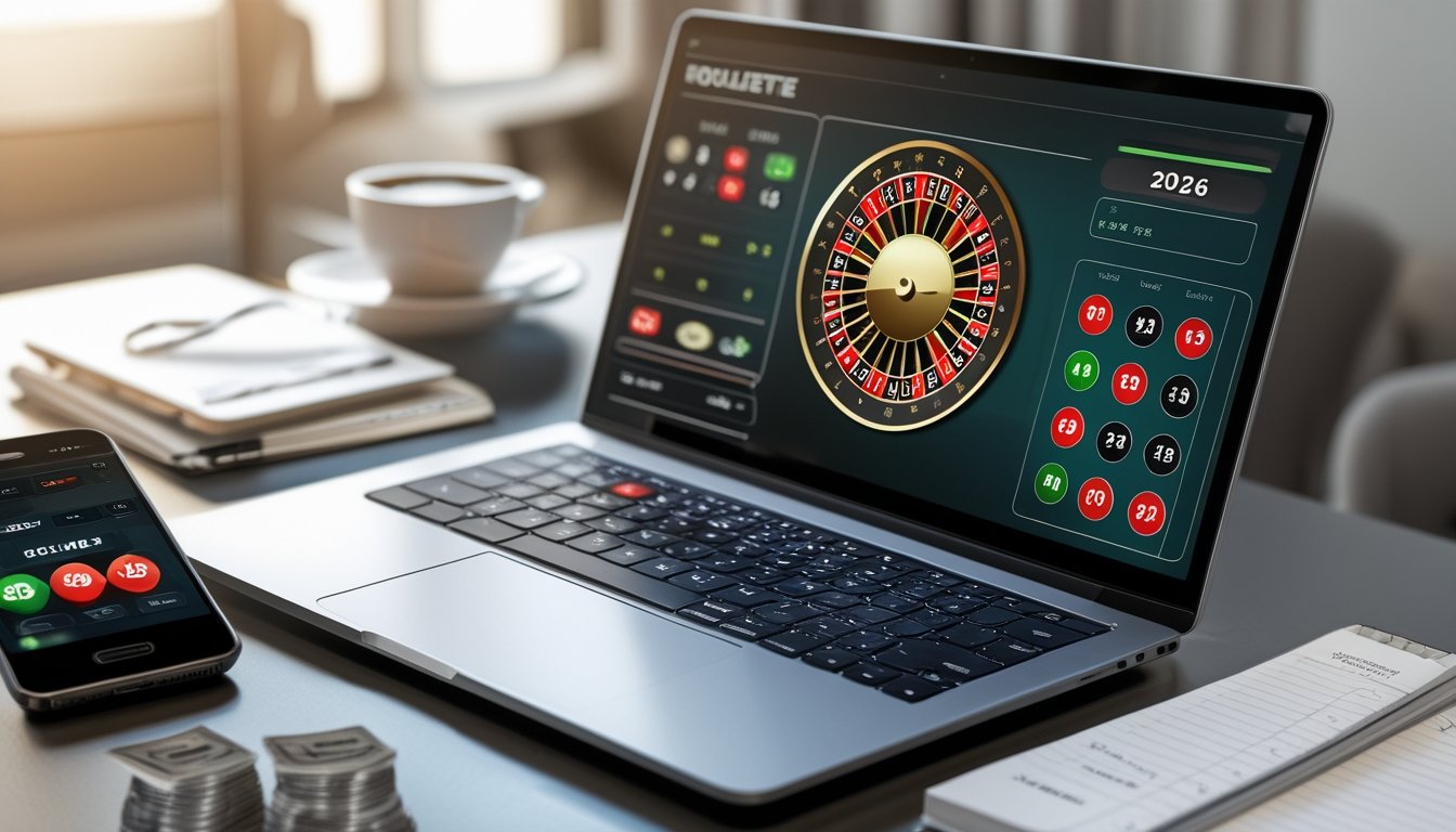 Seorang pemain sedang menggunakan laptop dengan tampilan roda roulette digital di meja kerja yang rapi, dikelilingi oleh kopi, ponsel, dan catatan strategi.