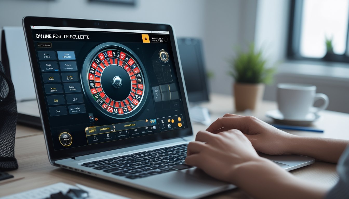 Seseorang sedang bermain roulette online di depan komputer dengan suasana kerja yang tenang dan fokus.