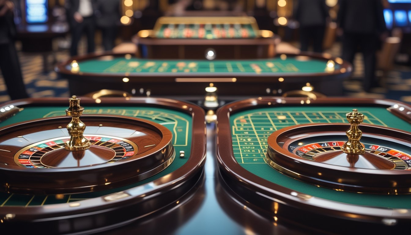 Dua meja roulette berdampingan di kasino dengan pencahayaan hangat, menampilkan perbedaan gaya roulette Eropa dan Amerika.