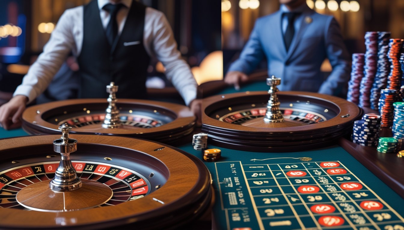 Dua meja roulette berdampingan di kasino dengan seorang dealer di belakangnya, menampilkan perbedaan antara meja roulette Eropa dan Amerika.