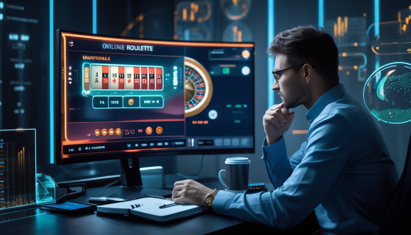 Seorang pria duduk di depan komputer dengan permainan roulette online di layar, memegang kalkulator dan mencatat di buku catatan di meja kerja.