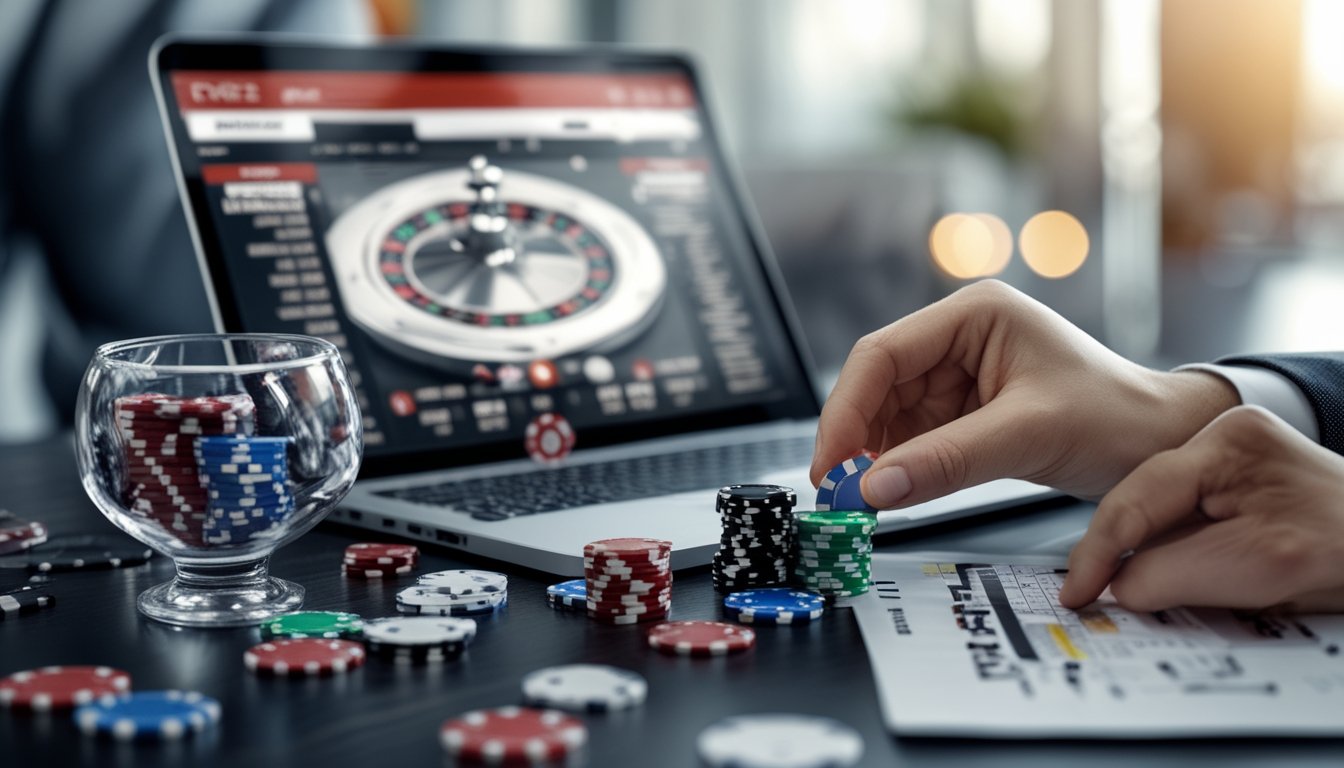 Seseorang sedang mengelola taruhan roulette online dengan chip poker dan perangkat digital.