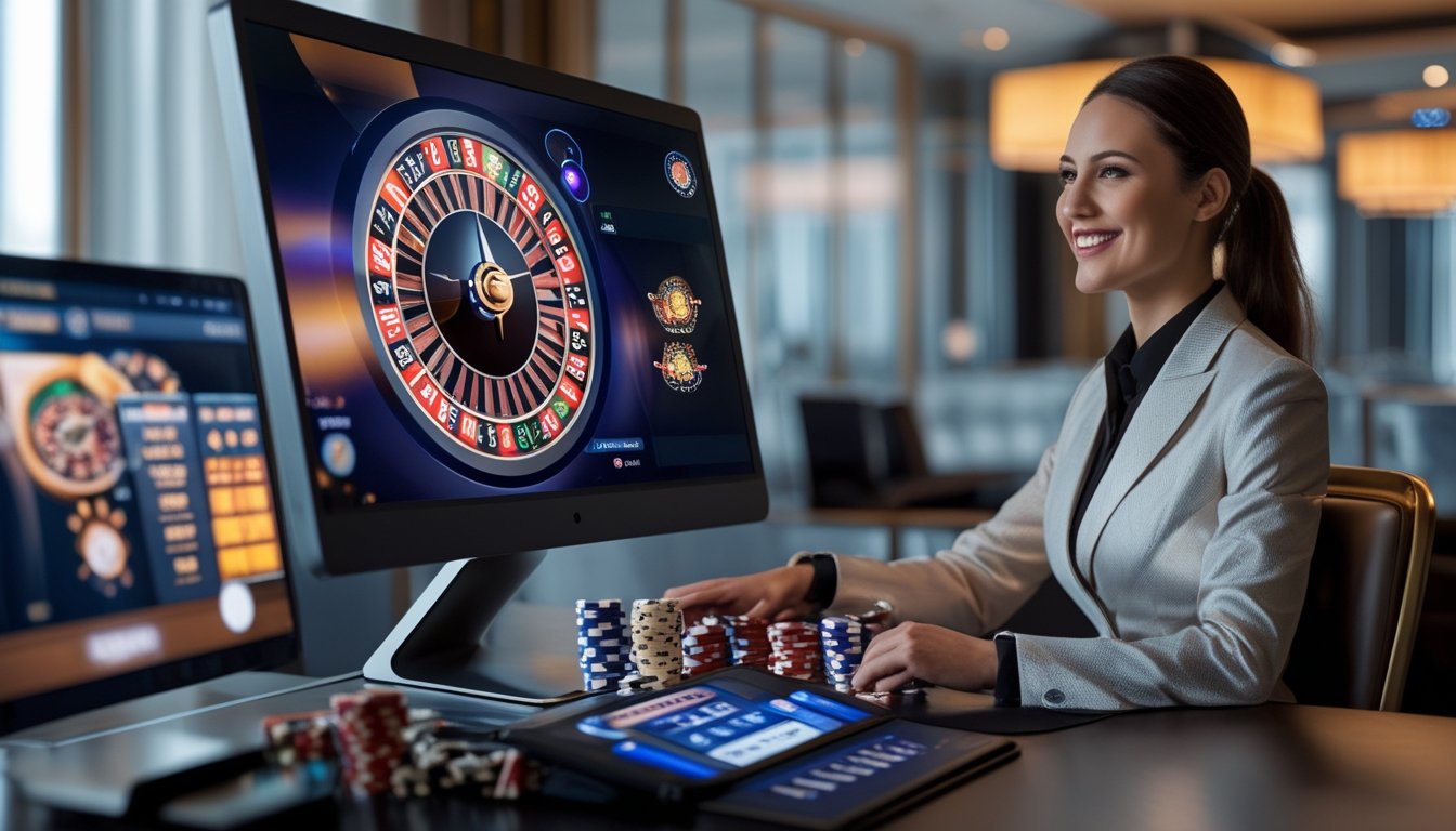Seorang dealer wanita tersenyum di depan meja roulette digital dengan layar komputer dan chip kasino di sekitarnya.