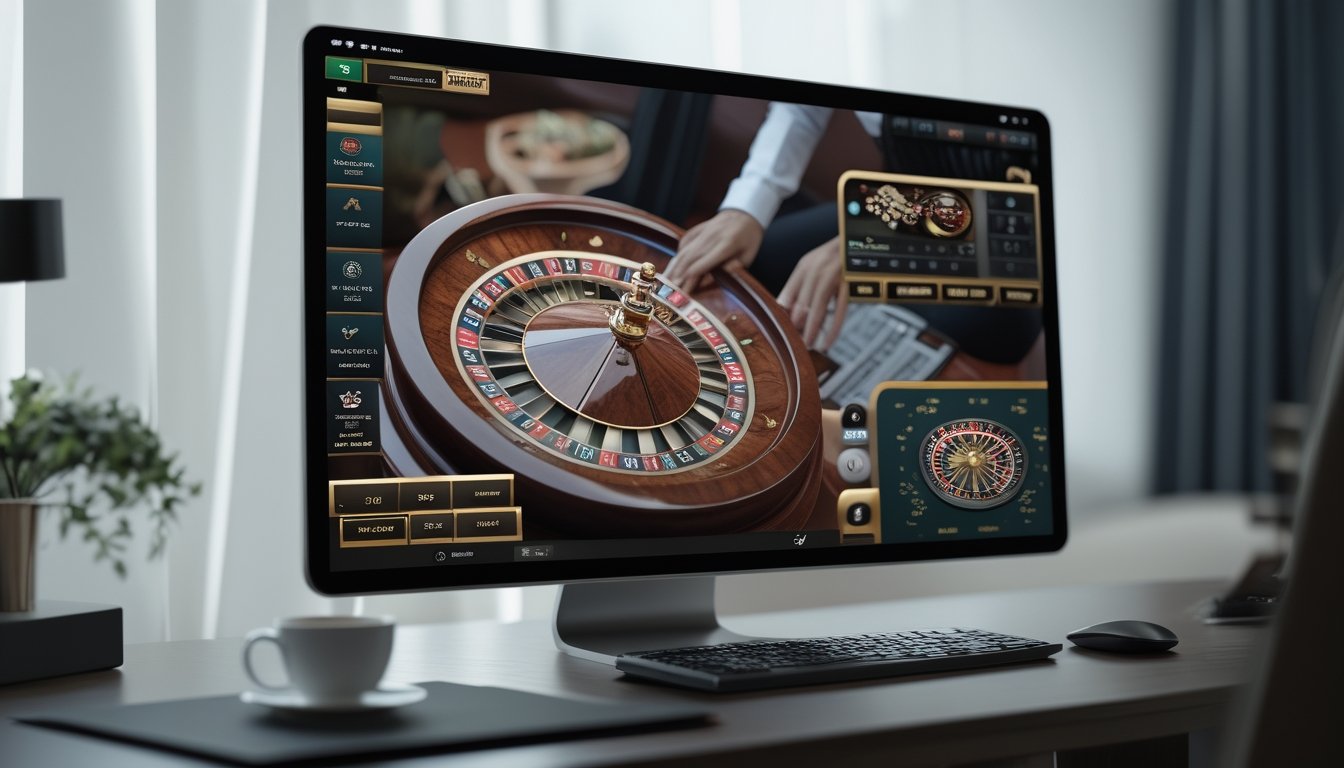 Seorang dealer wanita sedang memutar roda roulette di layar komputer dalam suasana ruangan yang nyaman dan profesional.