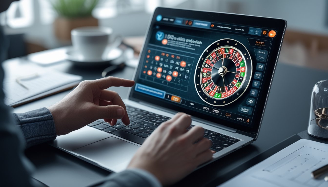 Seseorang menggunakan komputer dengan tampilan roda roulette digital dan grafik statistik untuk menganalisis angka secara akurat.