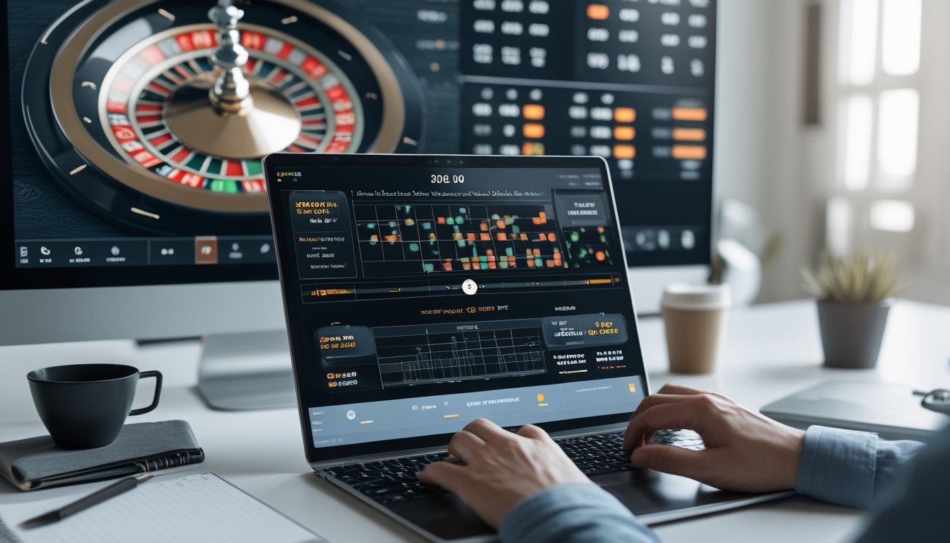Seseorang menggunakan laptop dengan tampilan roda roulette digital dan grafik statistik di layar dalam ruang kerja yang rapi.