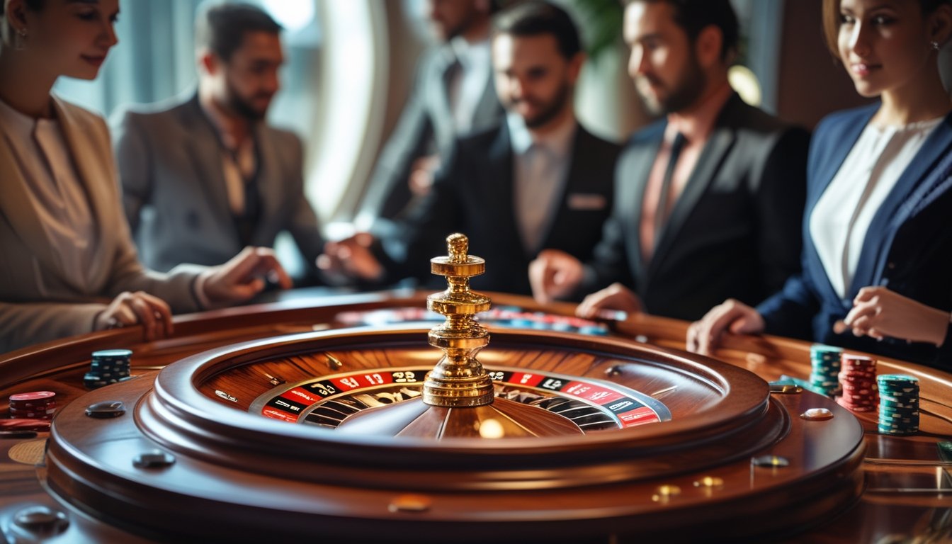 Meja roulette di kasino dengan pemain yang sedang bermain dan bola roulette bergerak di roda.