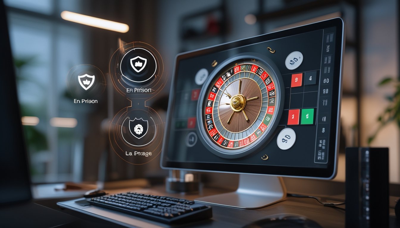 Sebuah layar komputer menampilkan roda roulette digital dengan latar belakang ruangan modern dan pencahayaan lembut.