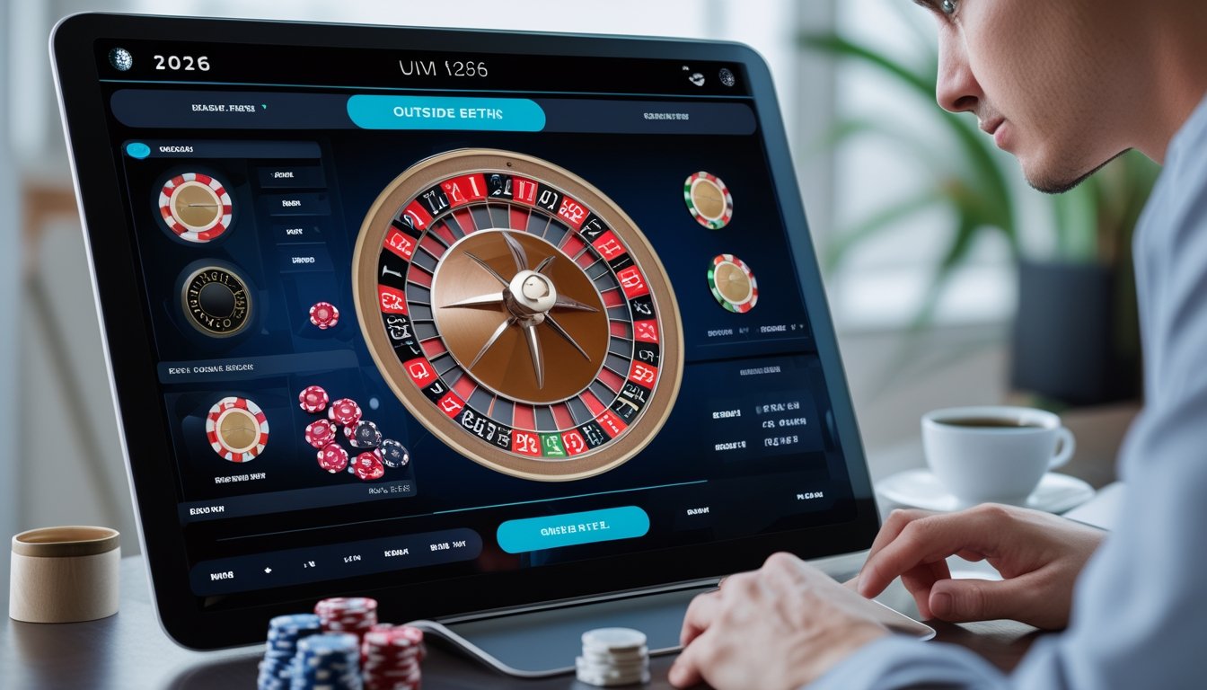 Seseorang sedang bermain roulette online menggunakan tablet dengan tampilan taruhan luar, di lingkungan rumah yang rapi.