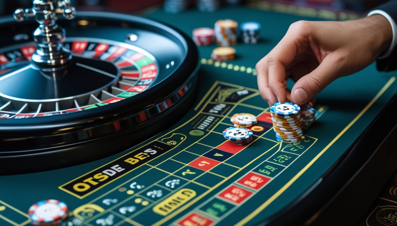 Tangan yang sedang memasang taruhan pada bagian luar meja roulette online dengan roda roulette digital di latar belakang.