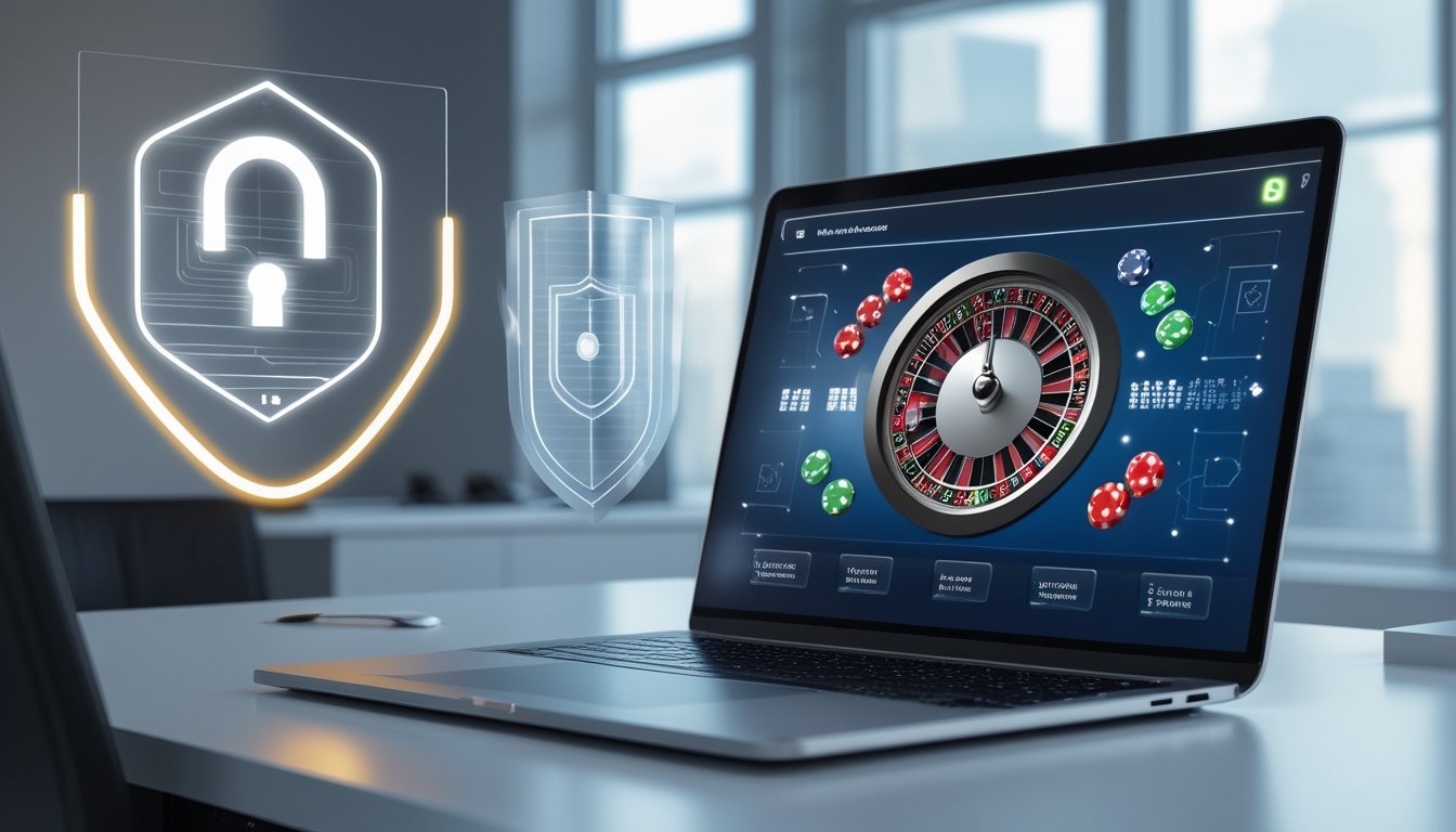 Seorang pengguna sedang melihat permainan roulette online di komputer dengan simbol keamanan data di latar belakang.