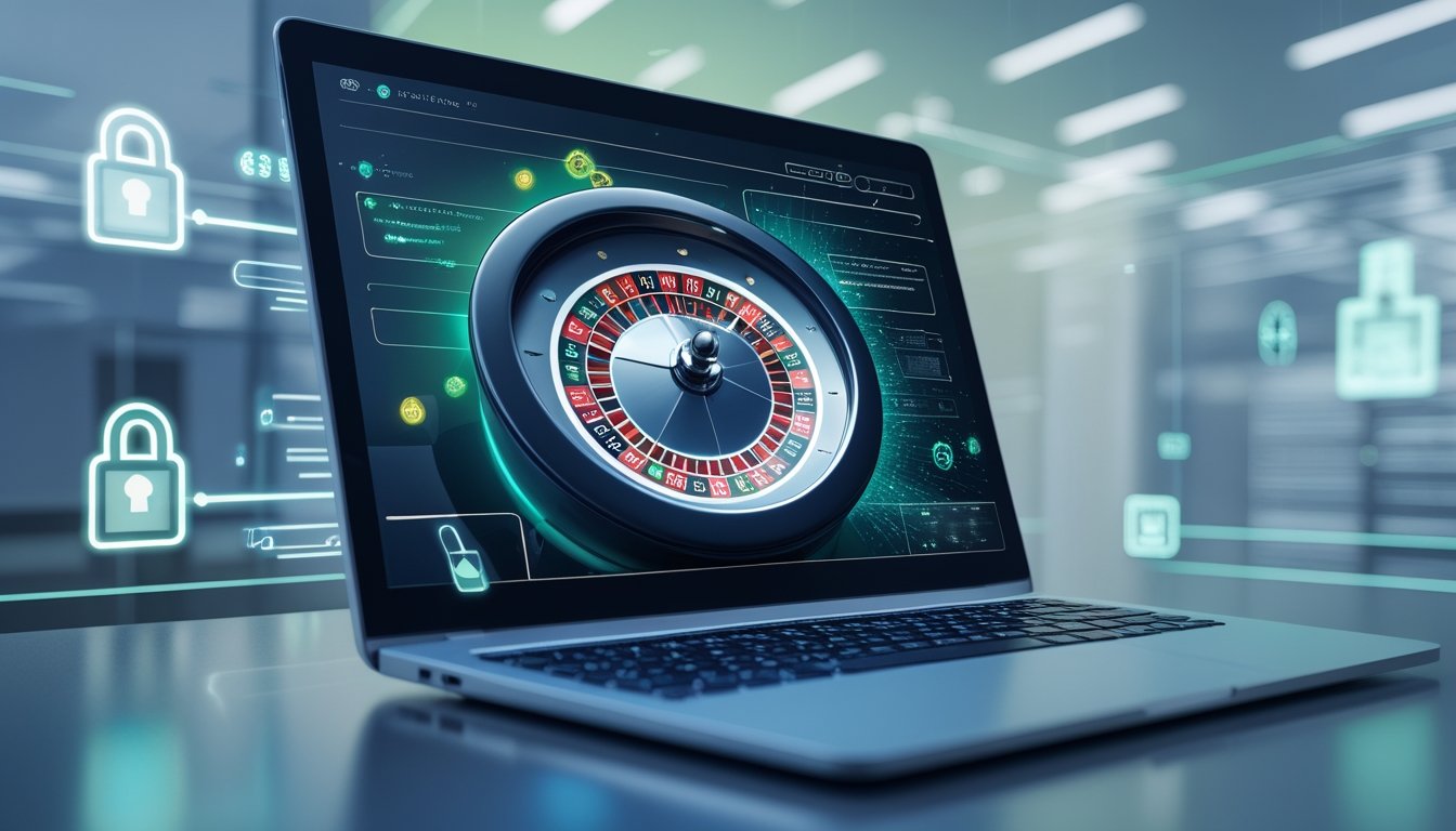 Layar komputer menampilkan roda roulette digital dengan ikon gembok dan aliran data terenkripsi di latar belakang teknologi modern.