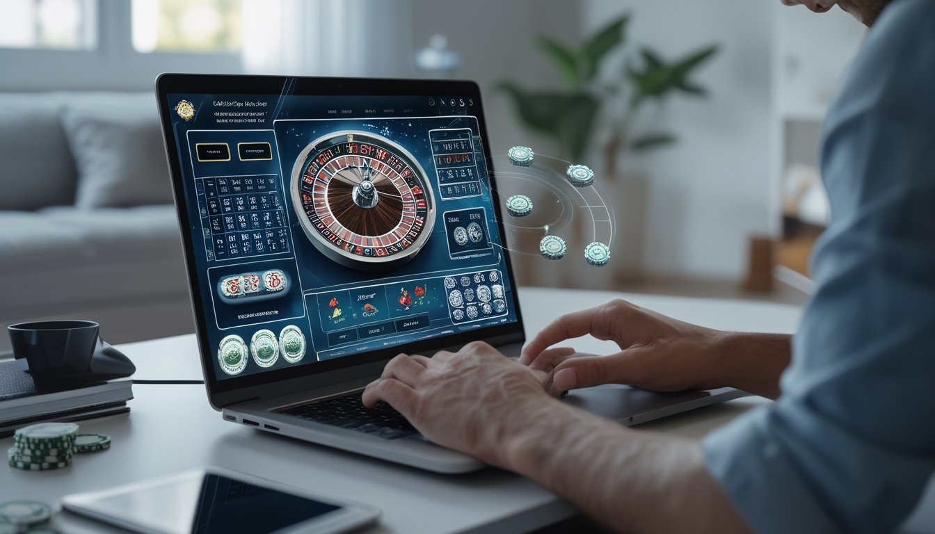 Seorang pemain dewasa sedang bermain roulette online di laptop dengan tampilan roda roulette yang cerah di layar dalam ruangan yang terang dan rapi.