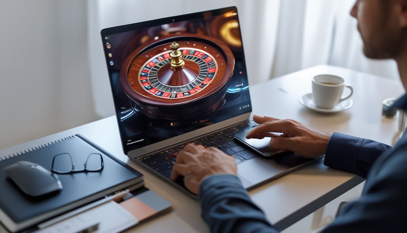 Seseorang bermain roulette online di laptop dengan tangan memegang mouse dan ponsel di meja kerja yang rapi.