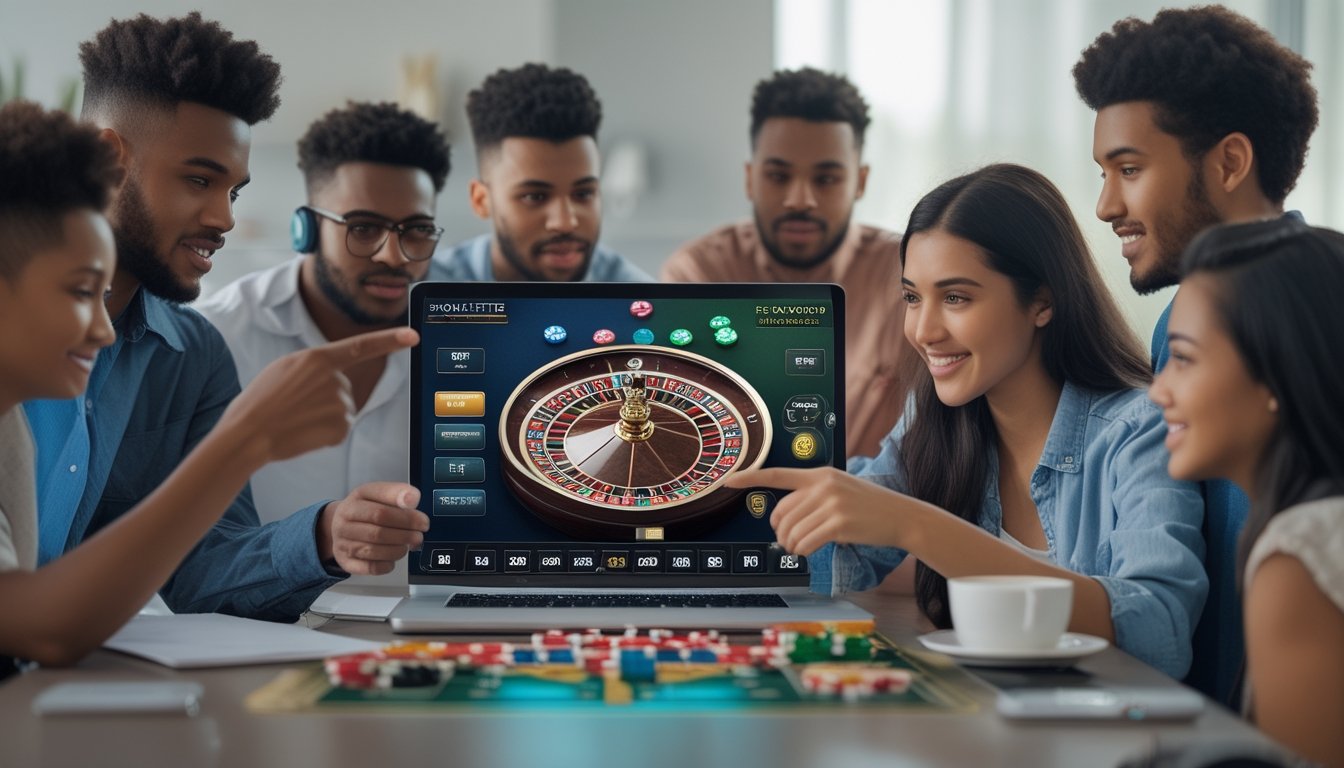 Sekelompok orang muda sedang bermain roulette online di depan komputer dengan tampilan roda roulette digital dan chip warna-warni di meja.