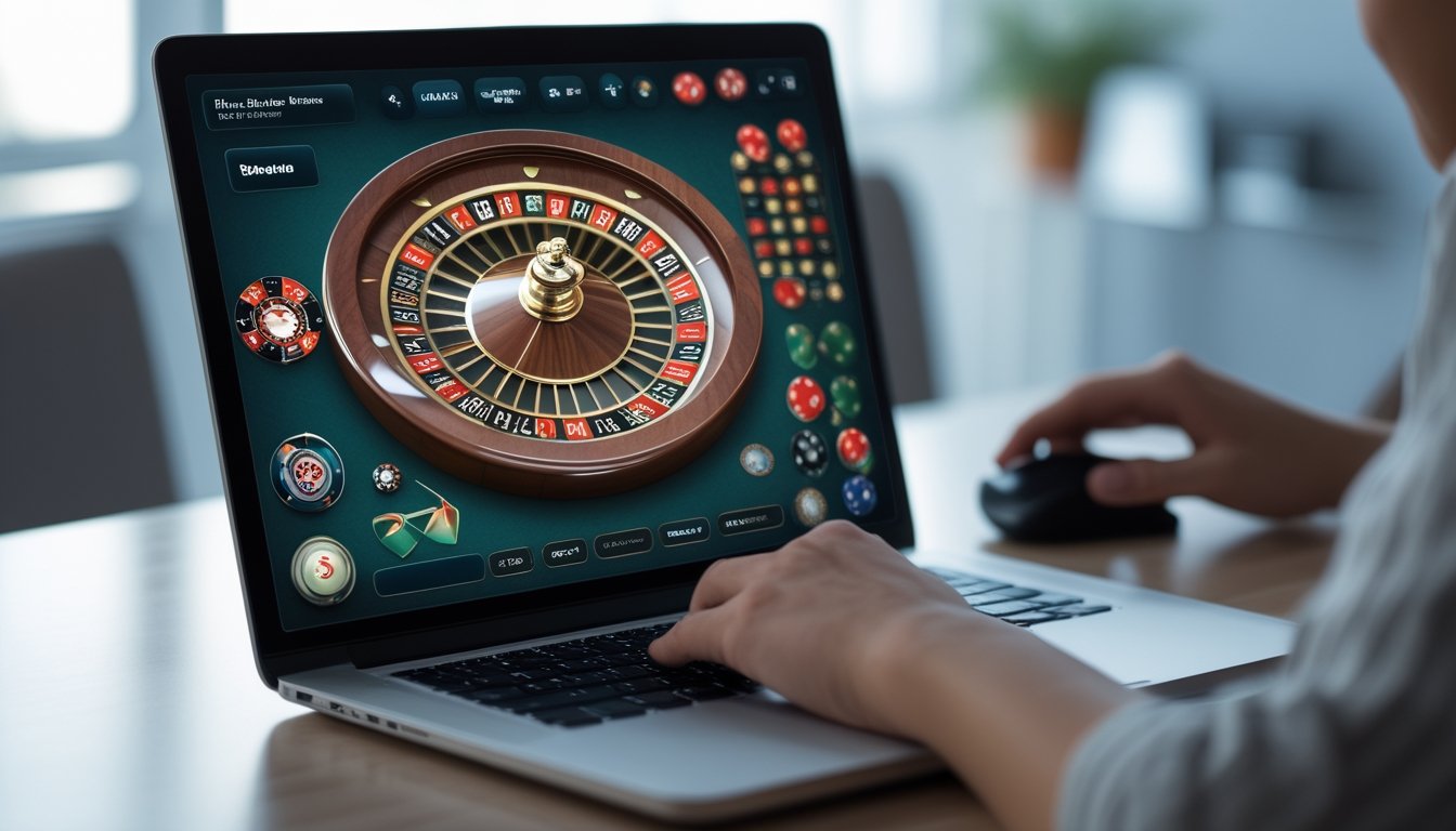 Seseorang bermain roulette online di komputer dengan tampilan roda roulette digital berwarna-warni di layar.