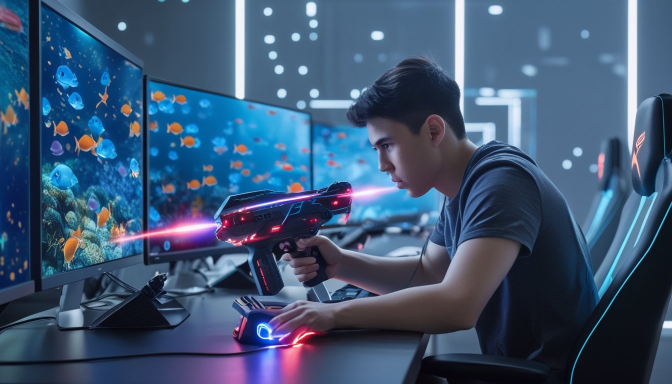 Seorang pemain muda fokus bermain game menembak ikan online dengan senjata laser futuristik di depan beberapa monitor berwarna cerah.