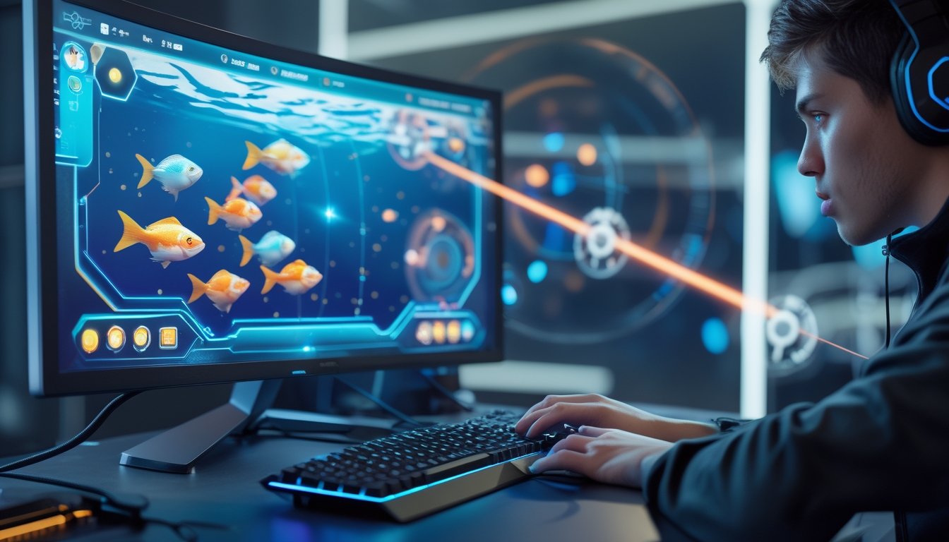 Seorang pemain muda sedang fokus bermain permainan tembak ikan online dengan senjata laser di depan komputer dalam ruangan gaming modern.